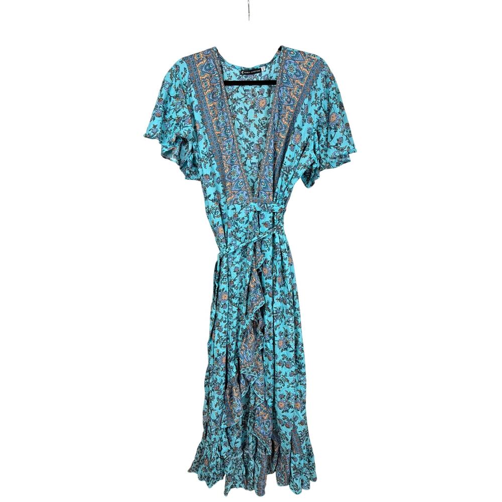 Acanela Expeditions Blue Multicolor Wrap Maxi Dress Ruffled Sleeve XXXL